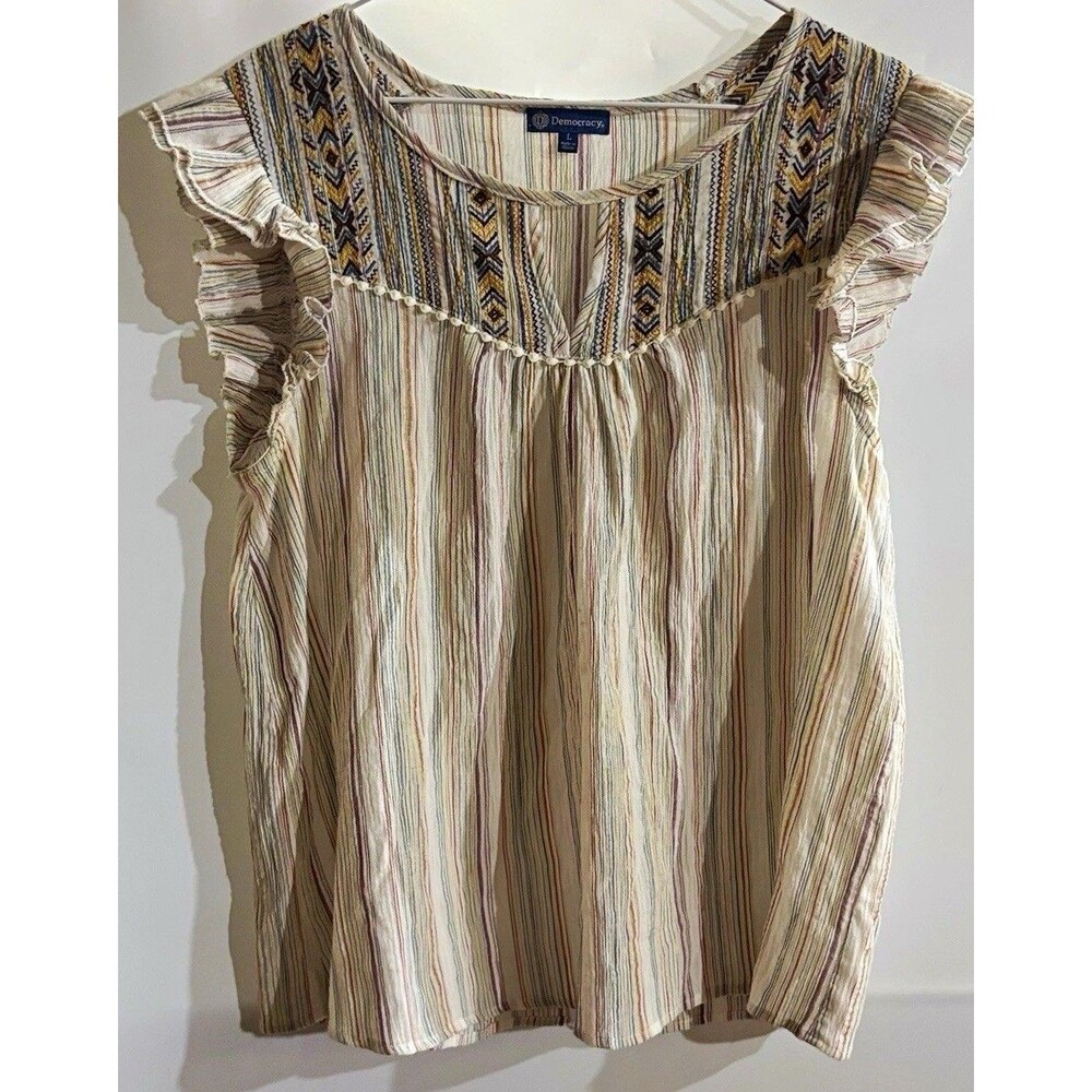 Democracy Women’s Blouse L Multicolor Striped Embroidered Ruffle Round Neck